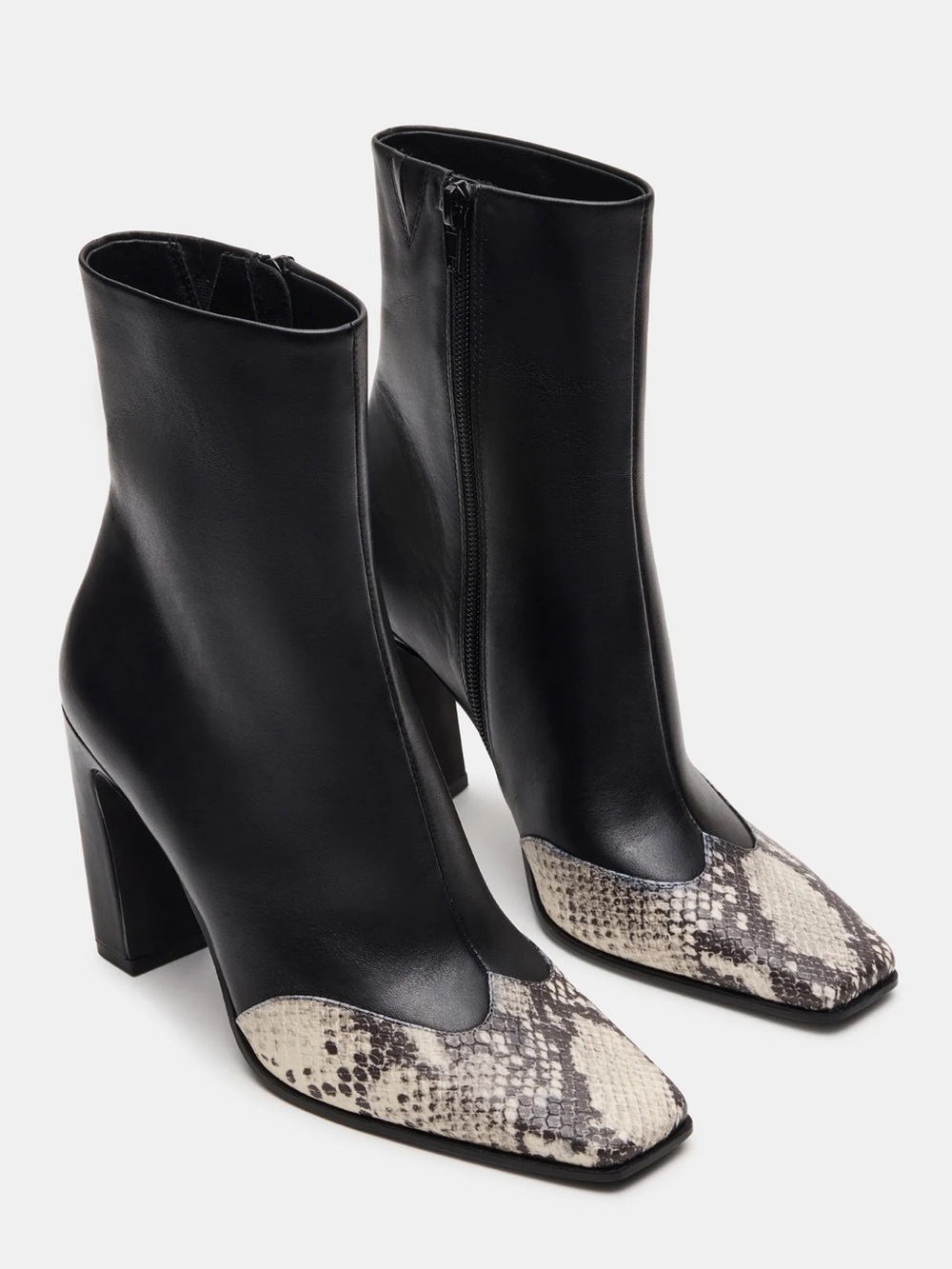 Steve Madden Lyle Black Leather Ankle Boots with Snake-Print Toe Cap